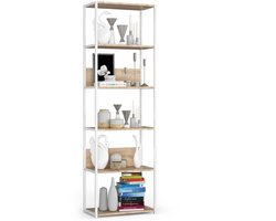 Open Boekenkast, Ladderkast, Loft Design / Metalen Vakkenkast met 6 Planken / Opbergplank / Boekenrek Opslagrek / Wit - Sonoma Eik / 60 x 192 x 32 cm