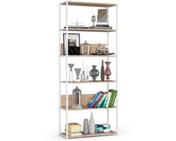 Open Boekenkast, Ladderkast, Loft Design / Metalen Vakkenkast met 6 Planken / Opbergplank / Boekenrek Opslagrek / Wit - Sonoma Eik / 80 x 192 x 32 cm