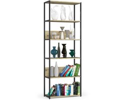 Open Boekenkast, Ladderkast, Loft Design / Metalen Vakkenkast met 6 Planken / Opbergplank / Boekenrek Opslagrek / Zwart - Artisan Eik / 70 x 192 x 32 cm