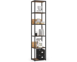 Open Boekenkast, Ladderkast, Loft Design / Metalen Vakkenkast met 6 Planken / Opbergplank / Boekenrek Opslagrek / Zwart - Craft Eik / 40 x 192 x 32 cm