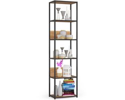 Open Boekenkast, Ladderkast, Loft Design / Metalen Vakkenkast met 6 Planken / Opbergplank / Boekenrek Opslagrek / Zwart - Craft Eik / 50 x 192 x 32 cm