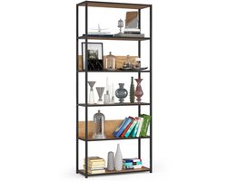 Open Boekenkast, Ladderkast, Loft Design / Metalen Vakkenkast met 6 Planken / Opbergplank / Boekenrek Opslagrek / Zwart - Craft Eik / 80 x 192 x 32 cm