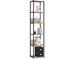 Open Boekenkast, Ladderkast, Loft Design / Metalen Vakkenkast met 6 Planken / Opbergplank / Boekenrek Opslagrek / Zwart - Sonoma Eik / 40 x 192 x 32 cm