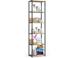 Open Boekenkast, Ladderkast, Loft Design / Metalen Vakkenkast met 6 Planken / Opbergplank / Boekenrek Opslagrek / Zwart - Sonoma Eik / 50 x 192 x 32 cm