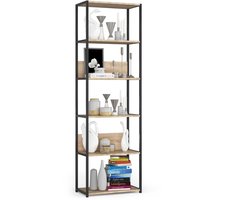 Open Boekenkast, Ladderkast, Loft Design / Metalen Vakkenkast met 6 Planken / Opbergplank / Boekenrek Opslagrek / Zwart - Sonoma Eik / 60 x 192 x 32 cm