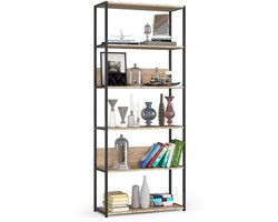 Open Boekenkast, Ladderkast, Loft Design / Metalen Vakkenkast met 6 Planken / Opbergplank / Boekenrek Opslagrek / Zwart - Sonoma Eik / 80 x 192 x 32 cm