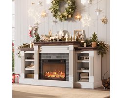 Open haard van 71 inch met schoorsteenmantel – tv-meubel voor tv’s tot 80 inch – entertainmentmeubel met opbergruimte – realistische stenen ombouw met afstandsbediening en 3D-vlammen – wit+bruin