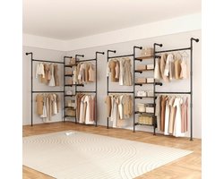 Open Kledingkast 215 x 205 x 30 cm – Industriële Inloopkast met 6 Grenen Planken & Dubbele Kledingstangen – Wandmontage Hoekkast Slaapkamer Metaal Zwart – LoftLine Pro – Abkantoor