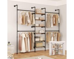 Open Kledingkast 215 x 205 x 30 cm – Industriële Inloopkast met 6 Grenen Planken & Dubbele Kledingstangen – Wandmontage Hoekkast Slaapkamer Metaal Zwart – LoftLine Pro – Abkantoor