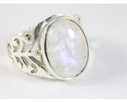 Opengewerkte zilveren ring met regenboog maansteen - maat 20