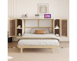 Opklapbaar kinderbed / Murphy bed (140 x 200 cm) - Wandbed in kaststijl van rotan en massief hout - Met lattenbodem - Opbergvakken - Houtkleur - Matras niet inbegrepen
