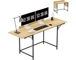 Opklapbare computertafel met 2 uitschuifbare bladen, veel ruimte voor monitoren, metalen poten, robuuste constructie, eikenhout + zwart