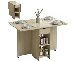 Opklapbare eettafel voor 2 - 4 personen - roltafel met open vak en lade - ideaal voor kleine ruimtes - naturel