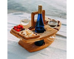 Opklapbare houten picknicktafel - met wijnglazenrek - draagbare campingtafel - geschikt voor strand, park en buitengebruik - champagne- en drankrek