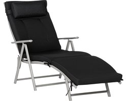 Opklapbare ligstoel/strandstoel met hoofdsteun en zitkussen - verstelbare rugleuning met 7 standen - tuinstoel/relaxstoel - draagvermogen tot 165 kg - voor tuin - vakantie en buitengebruik - zwart