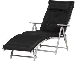 Opklapbare ligstoel/strandstoel met hoofdsteun en zitkussen-verstelbare rugleuning met 7 standen-tuinstoel/relaxstoel-draagvermogen tot 165 kg-voor tuin-vakantie en buitengebruik-zwart