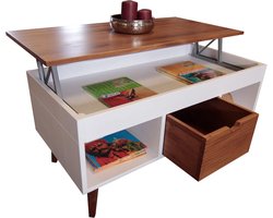 Opklapbare salontafel - Karla model - Woonkamer meubel - Centrale lade - 100x50x47 cm - Wit en notenhout