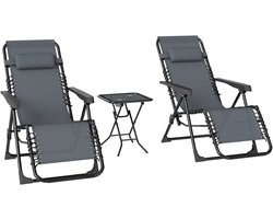 Opklapbare tuinstoel - Tuinloungestoel - Tweedelige set - Bijzettafel met 2 bekerhouders - Campingstoel - Tuinstoel - Verstelbaar en opklapbaar - Inclusief hoofdsteun