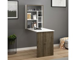 Opklapbare Wandtafel Wit en Walnoot - Inklapbaar Bureau / Eettafel voor Kleine Ruimtes