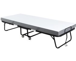 Opklapbed 1-persoons met wielen zwart/wit 200x80x42,5 cm inklapbaar logeerbed met matras 10 cm verrijdbaar vouwbed met stalen frame en remmen ruimtebesparend gastenbed