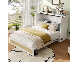 Opklapbed - 140 x 200 cm - afneembaar - met lades - planken - met USB en stopcontacten - omvormbaar platformbed - zonder matras - wit