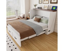 Opklapbed 140x200 cm - Kastbed Met Opbergruimte En Europese Stopcontact - Ruimtebesparend Wandbed Met Metalen Frame, Stille Wielen En Uitklapbaar Bed Voor Kleine Woning - Wit