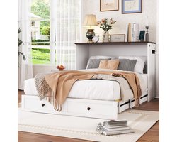 Opklapbed 140x200 cm - Multifunctioneel kastbed met lades en USB-oplaadpoorten - Wit - Inklapbaar tot kast met legplank en stopcontact - Ruimtebesparend en mobiel