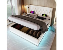 Opklapbed 180x200 cm - Tweepersoonsbed met USB en Type C Oplaadfunctie en 3-Zijdige LED - Hydraulische Opbergruimte - Kunstleer - Wit Zonder matras