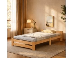 Opklapbed 90x200 cm - Eenpersoonsbed - Massief hout - Houten bed - Met hoofdeinde en lattenbodem - Natuurlijke houtkleur