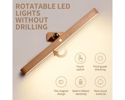 Oplaadbare Houten Badkamer Spiegel Lamp - Dimbare LED Wandlamp met Magneetbevestiging en Draaibare Kop