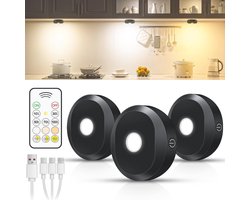 Oplaadbare Kastverlichting met Afstandsbediening - Draadloze Puck Lights in 3 Kleuren - LED Spots met Timerfunctie voor Keuken en Meubels