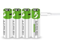 Oplaadbare Li-ion AA Batterijen 1.5V 2600 mWh met 4 in1 USB-C Kabel - Duurzame Keuze - Lithium AA batterij - 4 stuks