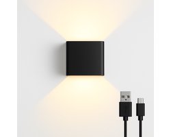 Oplaadbare Wandlamp - Draadloos - 6W - Met Bewegingssensor - LED Cube - LED Verlichting - Binnenverlichting - Draadloze muurlamp - Aluminium - Up and down lights - Sfeerverlichting - Warm Wit Licht 2700K Zwart - batterijen - trapverlichting