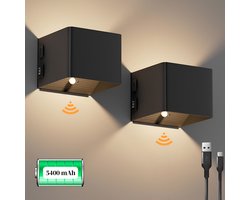 Oplaadbare Wandlamp Zwart 2 stuks - geschikt voor binnen - 5400mAh- Bewegingssensor- Binnenlamp