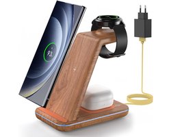 Oplaadstation voor Samsung, 3-in-1 Charger voor Samsung S26/S25/S24/Z Fold/Flip, Charger Stand voor Galaxy Watch Ultra/8/7/6, Draadloze Oplader voor Galaxy Buds, bamboo