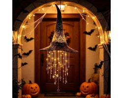 Oplichtende heksenhoed-hanger - Hangende Halloween decoratie - Windgong - Halloween Decoratie Licht - tovenaarshoed - Kwastjes met sterrenmotief - Thema Feest - Halloween versiering/decoratie - Cadeau - Horror party - voor veranda's of terrassen