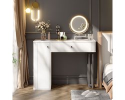 Opmaattafel, Make-upset met LED-spiegel, 1 lade, 1 deur, 3-kleurige LED-verlichting, Afmetingen: B100×H116×D40cm (zonder kruk)