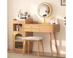 Opmaattafel-Set, Make-uptafel met LED-spiegel en 3-kleurige verlichting, Houten opmaattafel voor slaapkamer of studio - Afmetingen: B120/H90/D40 cm (zonder kruk)