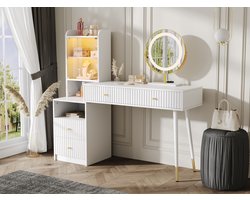 Opmaattafel-set met driekleurige LED-spiegel, vier lades, 1 verlicht kastje met glazen deur, 1 open opbergvak, wit, Afmetingen: 100 x 40 x 125 cm (zonder kruk)