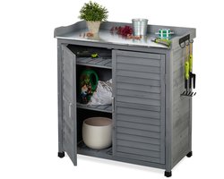 oppotafel buiten - met 3 haakjes - tinnen werkblad - 92x90x45 cm - hout - grijs