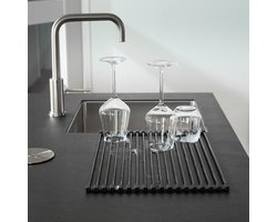 Oprolbaar Zwart Droogrek - Scandinavisch Design - Opvouwbaar Hittebestendig Groot Roestvrijstalen Zwart Afdruiprek - Vaatwasser geschikt - Siliconen Rechthoekige Randen - Sterke 18-staafs Onderzetter - Foodgrade Materiaal