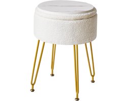 Opslag Voetsteun Kruk Ottomaanse Make-up Vanity Kruk Bijzettafel met Afneembare Cover Gouden Stalen Poten Salontafel Top Cover Wit WBD010W Teddy Velvet