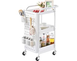 Opslagwagen, rolwagen met 3 niveaus, verrijdbare opbergwagen, metalen rekken met haringplankhaken, manden, handgrepen vergrendelende wielen, mobiel opbergrek voor keuken, kantoor, garage,