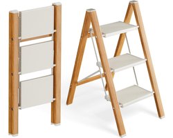 Opstapladder 3 treden - Krukje aluminium - Klusjes in huis - Opvouwbaar en veilig - 150 kg capaciteit - Wit houtlook