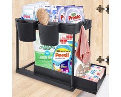 Optimaliseer Je Ruimte met Ons 2-Niveaus Onder-de-Gootsteen Opbergsysteem - Uittrekbare Organizer in Stijlvol Zwart voor Keuken, Badkamer en Wasruimte