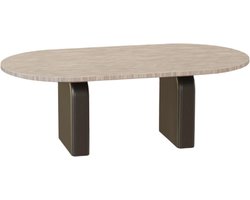 Opulenté Salontafel Tresi – Organisch Japandi Design met Travertin Look & Walnoot Hout - 90x60x35 cm - Tijdloos & Elegant Interieurstuk