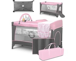 Opvouwbaar 2-in-1 Reisbedje en Ledikant met Matras, Verschoontafel, Speelboog en Wielen - Roze Baby Campingbed