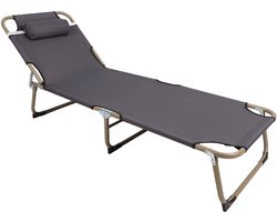 Opvouwbaar Aluminium Campingbed 173x56cm – Verstelbare Rugleuning – 120kg Draagvermogen – Waterbestendig – 3-voudig Inklapbaar – Met Kussen – Grijs