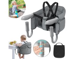 Opvouwbaar babyzitje, babystoel, hoge stoel, zitverhoging, boosterstoel, eetkamerstoel om op te hangen, met antislipklemmen voor dikke tafelbladen, voor thuis en onderweg, met draagtas, grijs