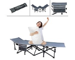Opvouwbaar campingbed, veldbed, klapbed, campingstoel, draagbaar met zijvak en draagtas, 190 x 62 x 38 cm, stabiele metalen buis, tot 250 kg belastbaar, 600D Oxford-weefsel, voor camping,